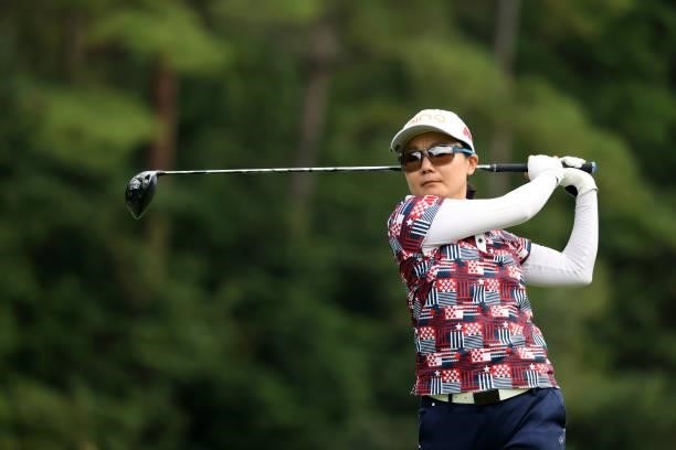 Ayako Uehara of Japan hits her tee shot on the 3rd hole during the second round of the Stanley Ladies at Tomei Country Club on October 9, 2021 in...