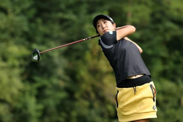 Asako Fujimoto of Japan hits her tee shot on the 3rd hole during the second round of the Stanley Ladies at Tomei Country Club on October 9, 2021 in...