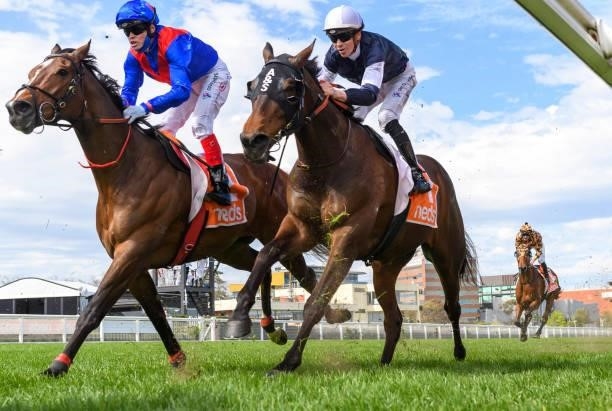 Craig Williams riding Zaaki into 3rd place in race 6, the Neds Might And Power, during Melbourne Racing at Caulfield Racecourse on October 09, 2021...