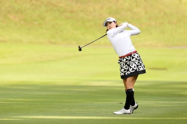 Minami Hiruta of Japan hits her second shot on the 3rd hole during the second round of the Stanley Ladies at Tomei Country Club on October 9, 2021 in...