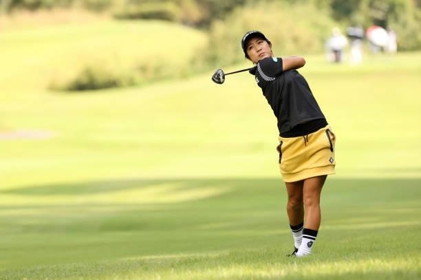 Asako Fujimoto of Japan hits her second shot on the 3rd hole during the second round of the Stanley Ladies at Tomei Country Club on October 9, 2021...