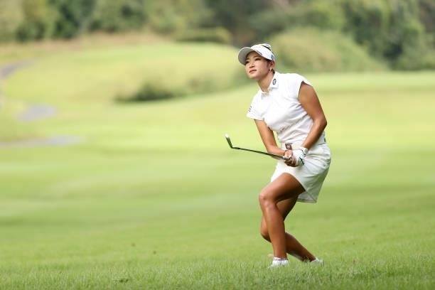 Erika Hara of Japan hits her second shot on the 3rd hole during the second round of the Stanley Ladies at Tomei Country Club on October 9, 2021 in...