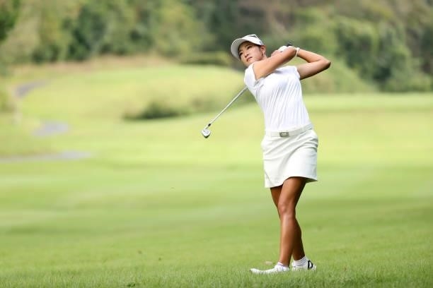 Erika Hara of Japan hits her second shot on the 3rd hole during the second round of the Stanley Ladies at Tomei Country Club on October 9, 2021 in...