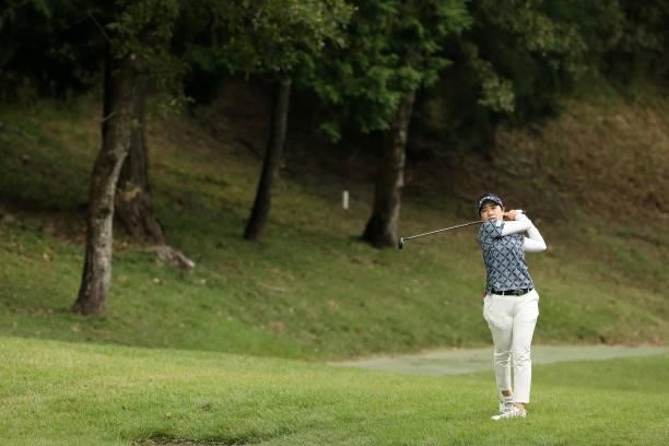 Sumika Nakasone of Japan hits her second shot on the 3rd hole during the second round of the Stanley Ladies at Tomei Country Club on October 9, 2021...