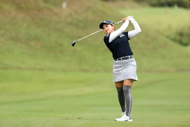 Yuna Takagi of Japan hits her second shot on the 3rd hole during the second round of the Stanley Ladies at Tomei Country Club on October 9, 2021 in...