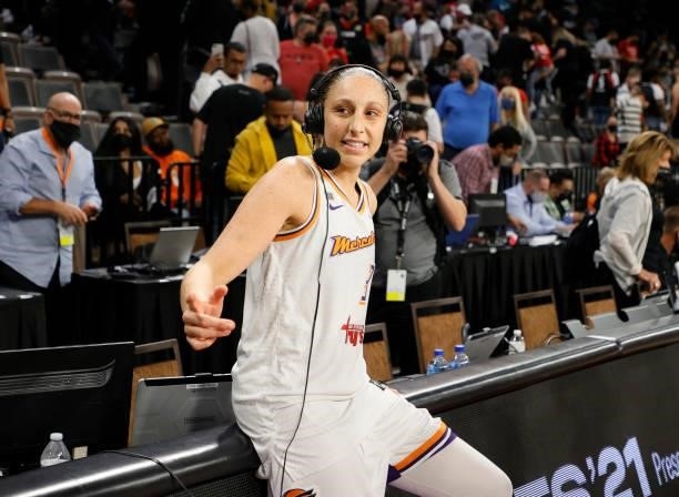 Diana Taurasi of the Phoenix Mercury is interviewed after the team's 87-84 victory over the Las Vegas Aces in Game Five of the 2021 WNBA Playoffs...