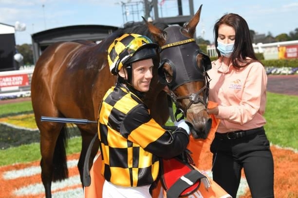 Brett Prebble riding Probabeel after winning race 6, the Neds Might And Power, during Melbourne Racing at Caulfield Racecourse on October 09, 2021 in...