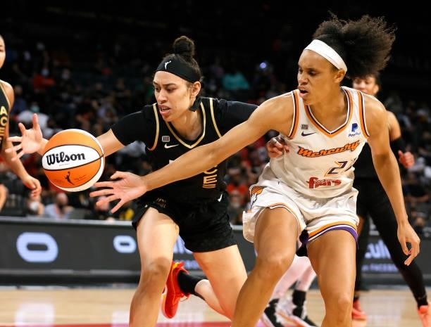 Dearica Hamby of the Las Vegas Aces and Brianna Turner of the Phoenix Mercury go after a rebound during Game Five of the 2021 WNBA Playoffs...