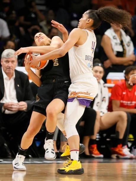 Skylar Diggins-Smith of the Phoenix Mercury tries to steal the ball from Kelsey Plum of the Las Vegas Aces during Game Five of the 2021 WNBA Playoffs...