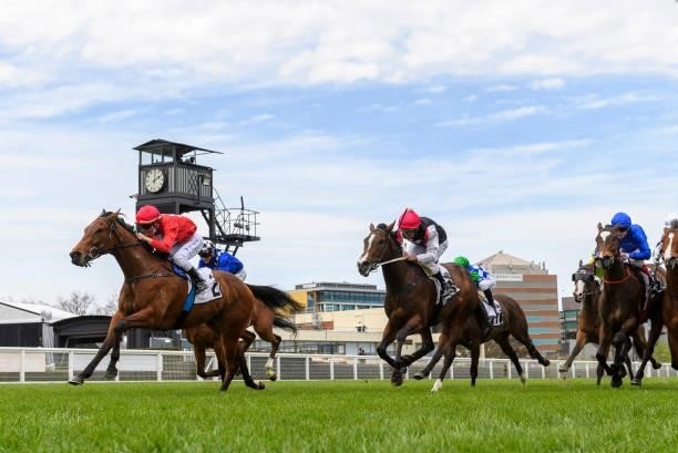 Linda Meech riding Sneaky Five winning Race 4, the Thoroughbred Club Stakes, during Melbourne Racing at Caulfield Racecourse on October 09, 2021 in...