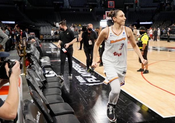 Diana Taurasi of the Phoenix Mercury runs off the court after the team's 87-84 victory over the Las Vegas Aces in Game Five of the 2021 WNBA Playoffs...