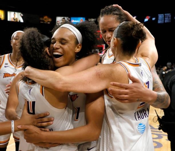 Skylar Diggins-Smith, Brianna Turner, Brittney Griner and Diana Taurasi of the Phoenix Mercury celebrate after defeating the Las Vegas Aces 87-84 in...