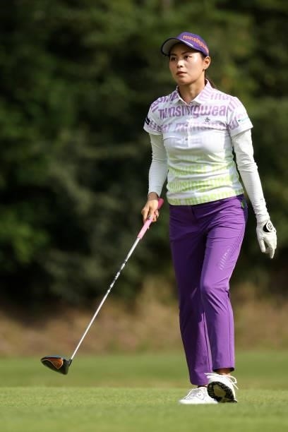 Hina Arakaki of Japan is seen before her tee shot on the 3rd hole during the second round of the Stanley Ladies at Tomei Country Club on October 9,...