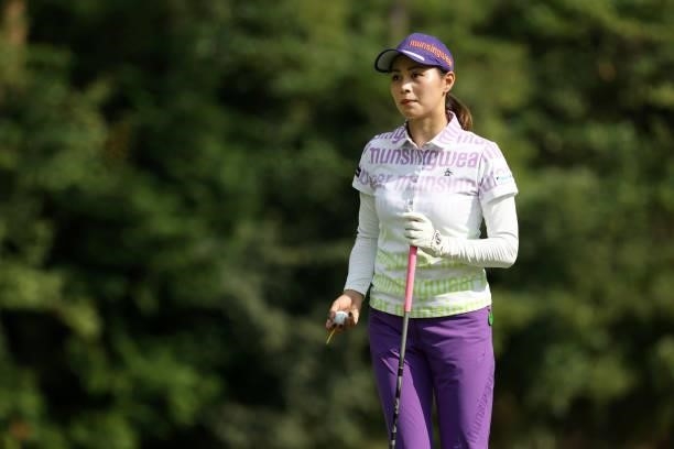 Hina Arakaki of Japan is seen before her tee shot on the 3rd hole during the second round of the Stanley Ladies at Tomei Country Club on October 9,...