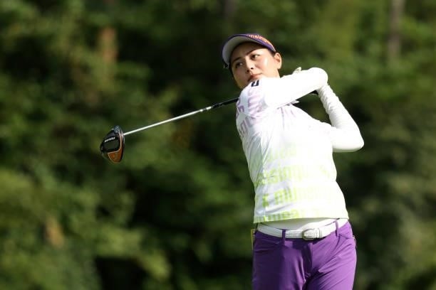 Hina Arakaki of Japan hits her tee shot on the 3rd hole during the second round of the Stanley Ladies at Tomei Country Club on October 9, 2021 in...