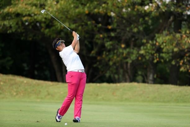 Haruka Kudo of Japan hits her second shot on the 14th hole during the second round of the Stanley Ladies at Tomei Country Club on October 9, 2021 in...