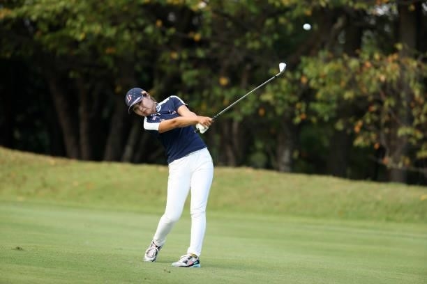 Sayaka Takahashi of Japan hits her second shot on the 14th hole during the second round of the Stanley Ladies at Tomei Country Club on October 9,...