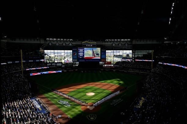 View of American Family Field on October 08, 2021 in Milwaukee, Wisconsin during the National Anthem prior to Game One of the National League...