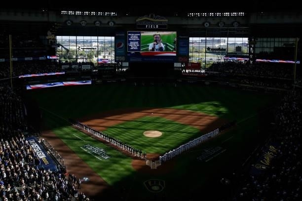 View of American Family Field on October 08, 2021 in Milwaukee, Wisconsin during the National Anthem prior to Game One of the National League...