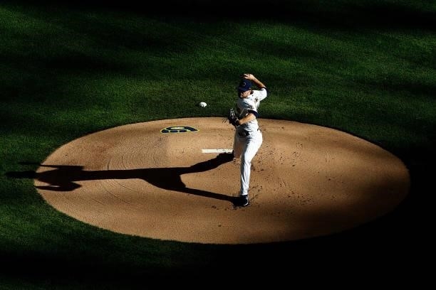 Corbin Burnes of the Milwaukee Brewers throws a pitch in the first inning against the Atlanta Braves during Game One of the National League division...