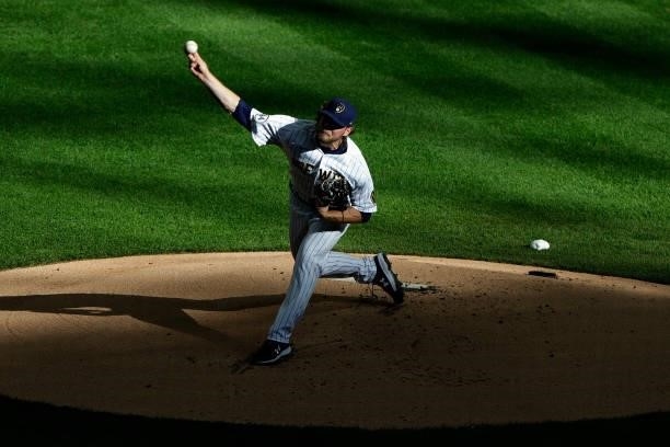 Corbin Burnes of the Milwaukee Brewers throws a pitch in the first inning against the Atlanta Braves during Game One of the National League division...