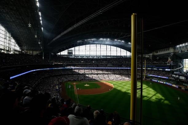 View of American Family Field on October 08, 2021 in Milwaukee, Wisconsin during Game One of the National League division series between the Atlanta...