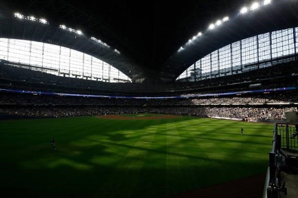View of American Family Field on October 08, 2021 in Milwaukee, Wisconsin during Game One of the National League division series between the Atlanta...