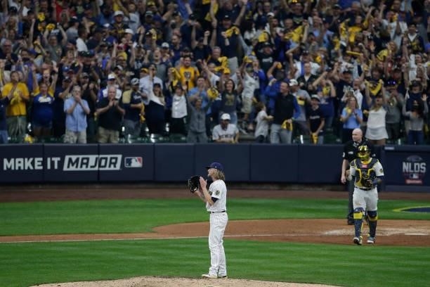 Josh Hader of the Milwaukee Brewers watches the final out of the game against the Atlanta Braves during Game One of the National League division...