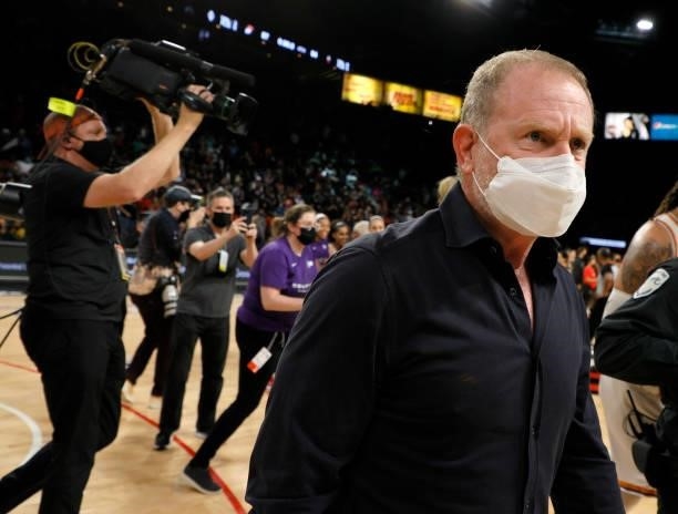 Phoenix Suns and Mercury owner Robert Sarver walks on the court to congratulate players after the team defeated the Las Vegas Aces 87-84 in Game Five...