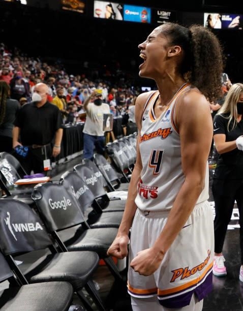 Skylar Diggins-Smith of the Phoenix Mercury celebrates as she leaves the court after the team's 87-84 victory over the Las Vegas Aces in Game Five of...