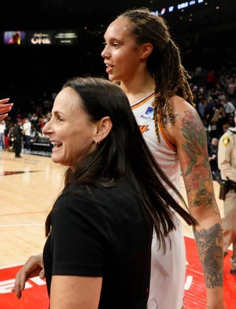 Head coach Sandy Brondello and Brittney Griner of the Phoenix Mercury celebrate after the team defeated the Las Vegas Aces 87-84 in Game Five of the...