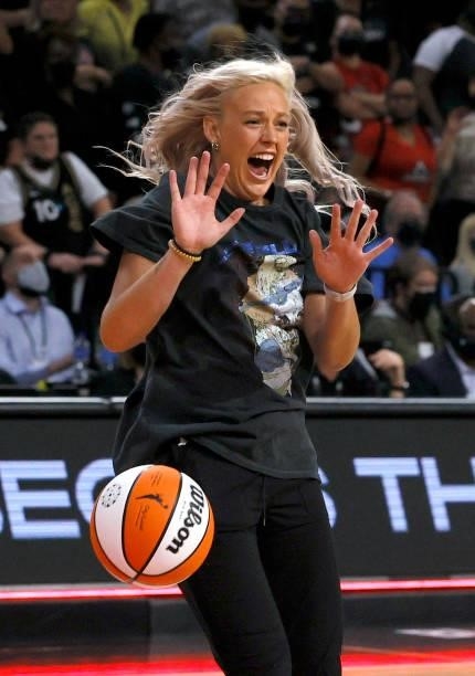 Sophie Cunningham of the Phoenix Mercury celebrates after the team defeated the Las Vegas Aces 87-84 in Game Five of the 2021 WNBA Playoffs...