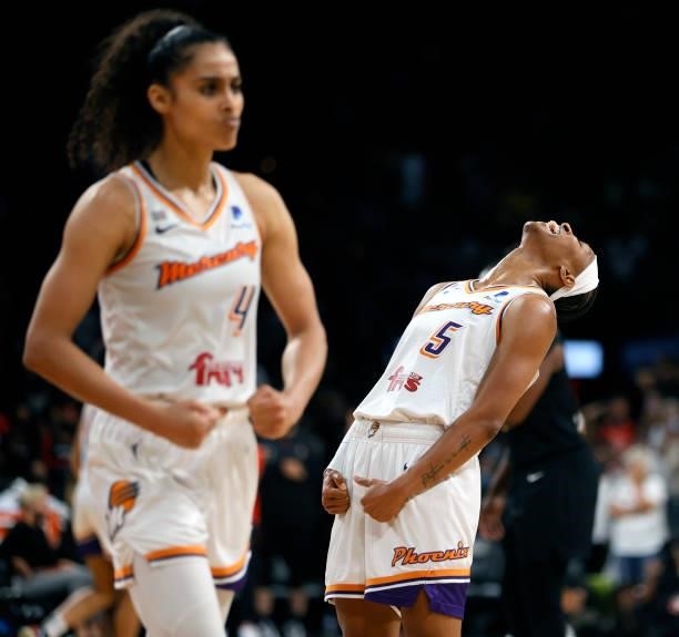 Skylar Diggins-Smith and Shey Peddy of the Phoenix Mercury celebrate as time expires in Game Five of the 2021 WNBA Playoffs semifinals against the...