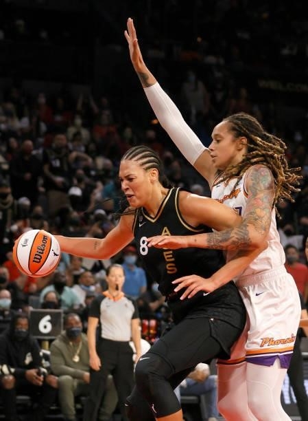 Brittney Griner of the Phoenix Mercury guards Liz Cambage of the Las Vegas Aces during Game Five of the 2021 WNBA Playoffs semifinals at Michelob...