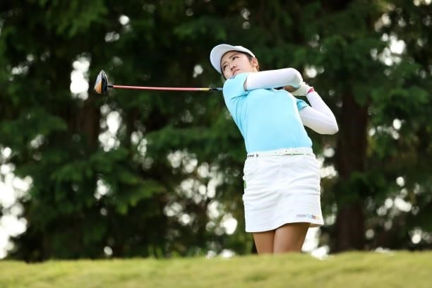 Mone Inami of Japan hits her tee shot on the 15th hole during the second round of the Stanley Ladies at Tomei Country Club on October 9, 2021 in...