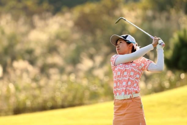 Nana Suganuma of Japan hits her second shot on the 15th hole during the second round of the Stanley Ladies at Tomei Country Club on October 9, 2021...
