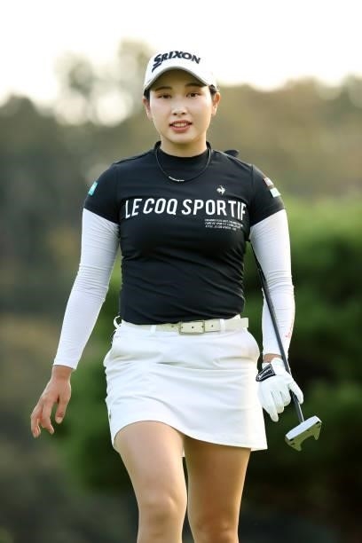 Sakura Koiwai of Japan reacts after the birdie on the 15th green during the second round of the Stanley Ladies at Tomei Country Club on October 9,...