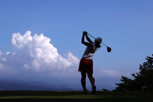 Airi Saito of Japan hits her tee shot on the 8th hole during the second round of the Stanley Ladies at Tomei Country Club on October 9, 2021 in...
