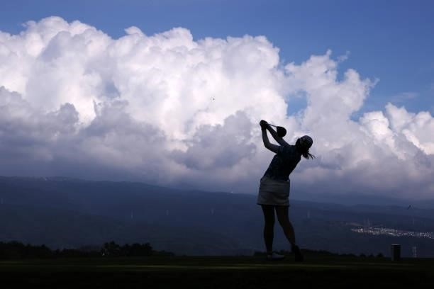 Rie Tsuji of Japan hits her tee shot on the 15th hole during the second round of the Stanley Ladies at Tomei Country Club on October 9, 2021 in...