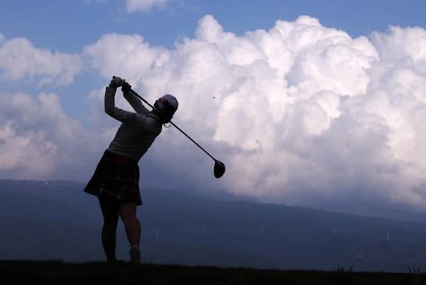 Yuri Yoshida of Japan hits her tee shot on the 15th hole during the second round of the Stanley Ladies at Tomei Country Club on October 9, 2021 in...