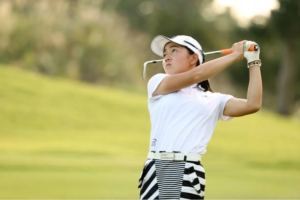 Amateur Miyu Sato of Japan hits her second shot on the 14th hole during the second round of the Stanley Ladies at Tomei Country Club on October 9,...