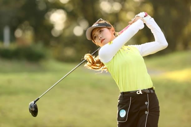 Reika Usui of Japan hits her tee shot on the 17th hole during the second round of the Stanley Ladies at Tomei Country Club on October 9, 2021 in...