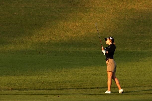 Akira Yamaji of Japan hits her third shot on the 18th hole during the second round of the Stanley Ladies at Tomei Country Club on October 9, 2021 in...