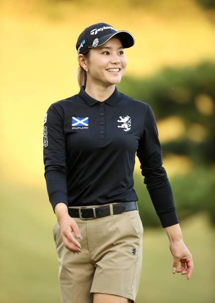 Akira Yamaji of Japan reacts after holing out 18 during the second round of the Stanley Ladies at Tomei Country Club on October 9, 2021 in Susono,...