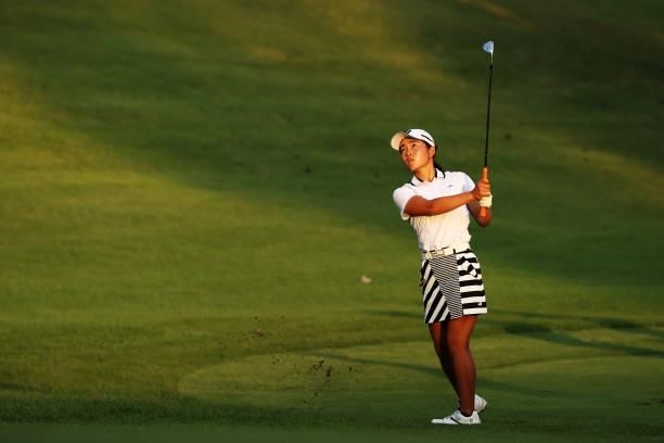 Amateur Miyu Sato of Japan hits her third shot on the 18th hole during the second round of the Stanley Ladies at Tomei Country Club on October 9,...