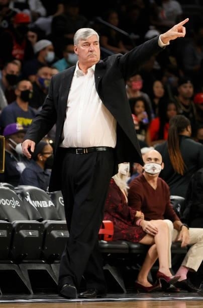 Head coach Bill Laimbeer of the Las Vegas Aces gestures to his players during Game Five of the 2021 WNBA Playoffs semifinals against the Phoenix...