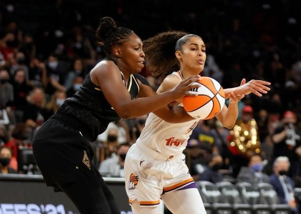 Chelsea Gray of the Las Vegas Aces steals the ball from Skylar Diggins-Smith of the Phoenix Mercury during Game Five of the 2021 WNBA Playoffs...