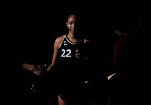 Ja Wilson of the Las Vegas Aces is introduced before Game Five of the 2021 WNBA Playoffs semifinals against the Phoenix Mercury at Michelob ULTRA...