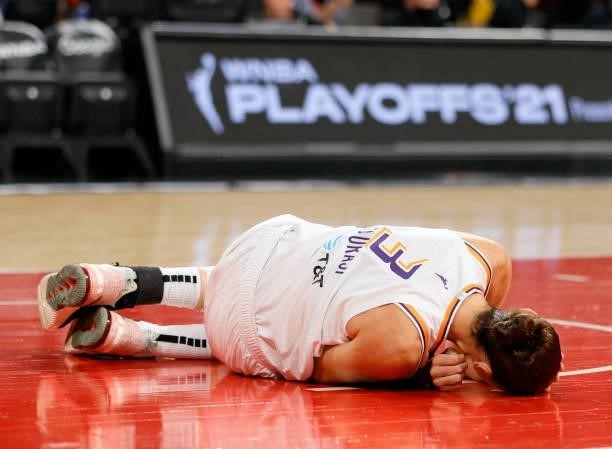 Diana Taurasi of the Phoenix Mercury reacts after A'ja Wilson of the Las Vegas Aces fell on her during a play in Game Five of the 2021 WNBA Playoffs...