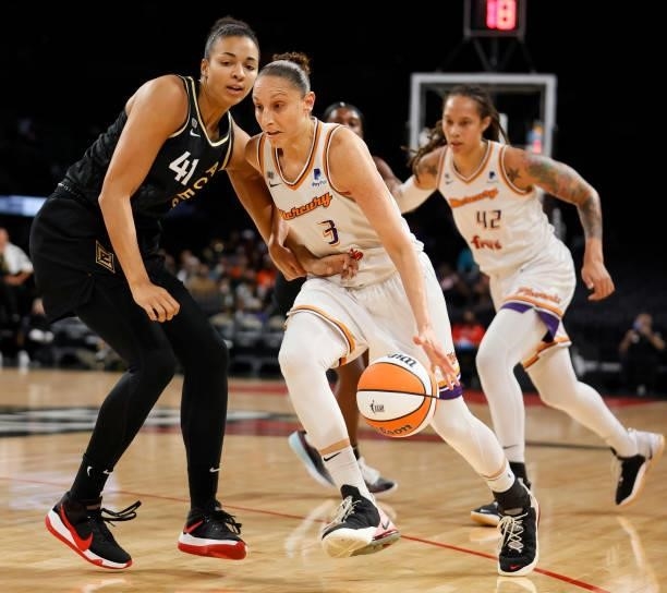 Diana Taurasi of the Phoenix Mercury drives against Kiah Stokes of the Las Vegas Aces during Game Five of the 2021 WNBA Playoffs semifinals at...